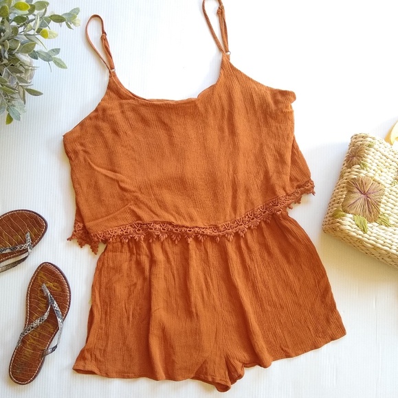 Forever 21 Pants - FOREVER 21 rust colored crochet trim romper